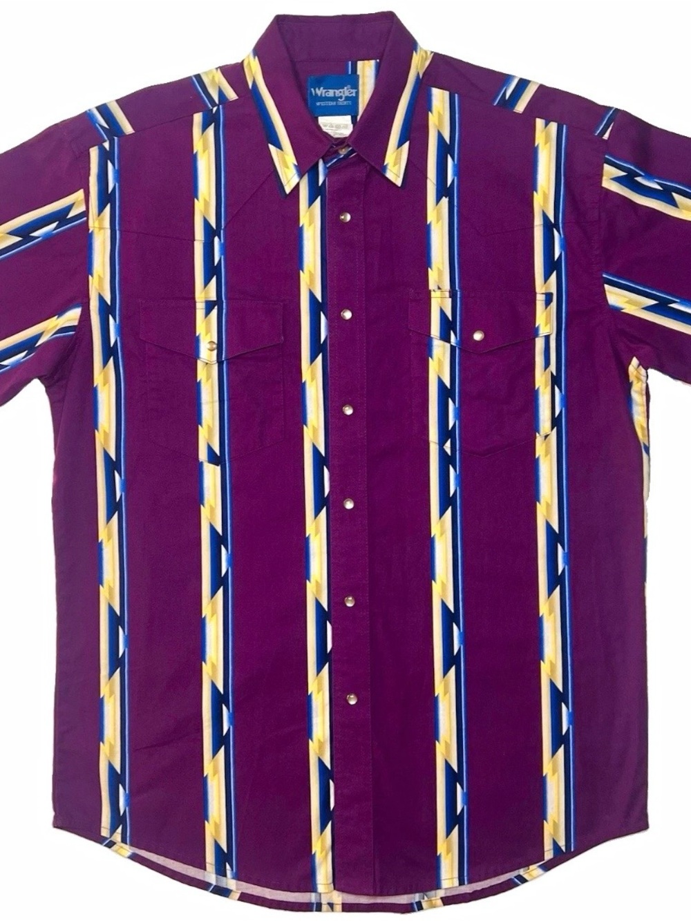 Vtg 90s Wrangler Western Pearl Snap Shirt Large Purple Cotton Aztec Southwestern